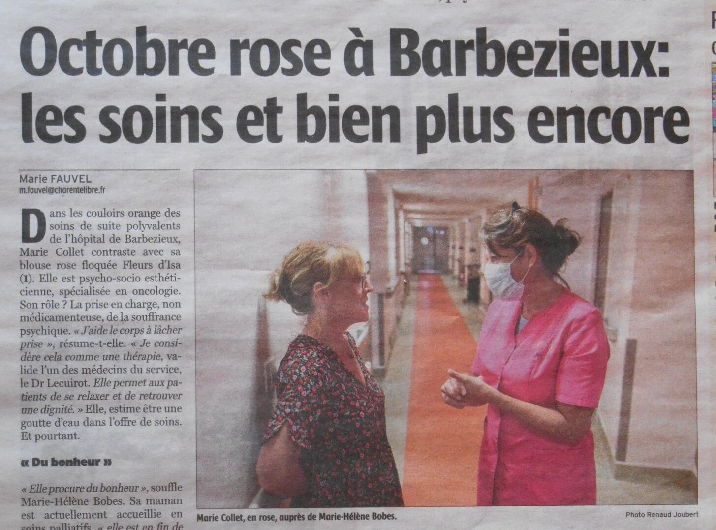 Extrait du journal "La Charente Libre" du 30.09.2023, portant le titre "Octobre rose à Barbezieux: les soins et bien plus encore", avec Marie Collet, psycho-socio-esthéticienne à Dirac